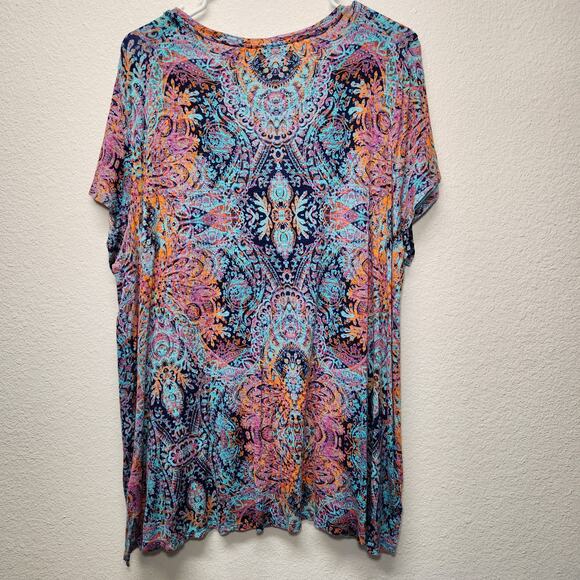 Rachel Zoe 2XL short sleeve Colorful stretch flowy Slouchy top shirt blue orange - Picture 2 of 4